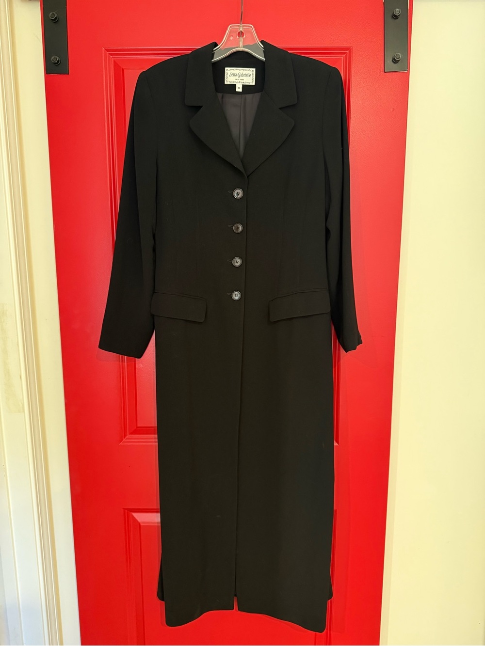 Long Black Single-Breasted Coat by Liza Gaffney Length 51” Shoulders 16”